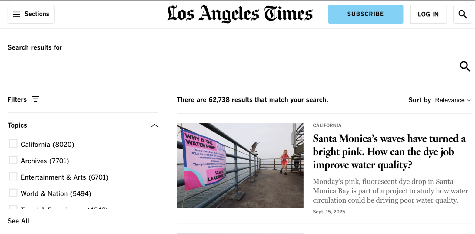 LA Times home page displaying article with a picture of sign saying 'why is the water pink'